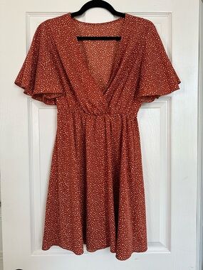 Rust Polka Dot V-Neck Flutter Sleeve Dress